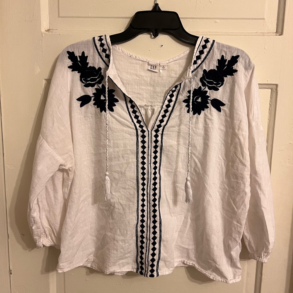 GAP White Blouse with Black Embroidery